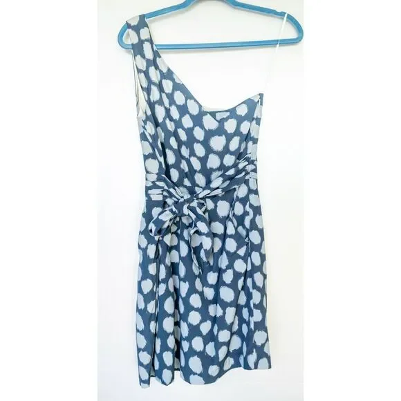 Theory Vivien Ikat Blue & White Spotted Polka Dot One Shoulder Mini Dress Size 8 - Picture 3 of 10